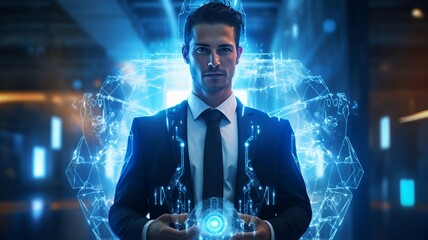  Businessman Engaging with Futuristic Blue Holographic Technology
