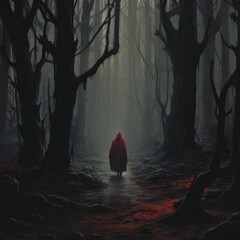 a dark and gloomy forest through which a man in a dark robe wanders
