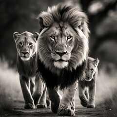 Lion family in black and white