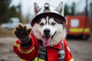 Husky in a fireman's uniform holds a fire hose in its paws and puts out the fire.