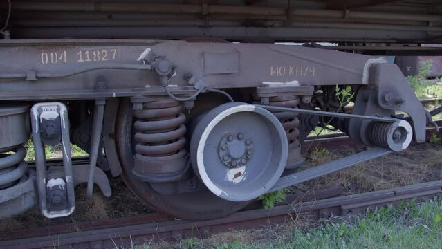 Details of the train, wheels. The train is standing