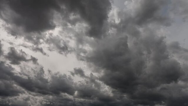 Timelapse of beautiful stormy cloudscape. Dark thunderstorm clouds moving fast high in sky background.