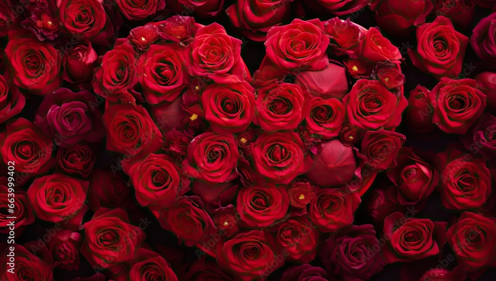 Poster valentine's day background red roses in the form of a heart shape generative ai