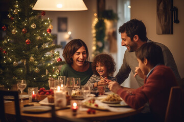 Obraz na płótnie Canvas Happy family eating festive Christmas dinner with kids at home. Generative AI