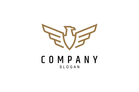 Eagle flapping its wings with breast shield emblem on line art logo design