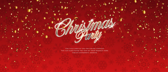 Editable Text Effect 金色の紙とコインが煌めく赤い雪の結晶の背景にメタリックに輝く「Christmas Party」 - 