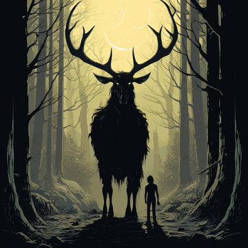 Image of a huge wendigo as tall as trees, deer skull