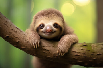 A smiling baby sloth in the wild