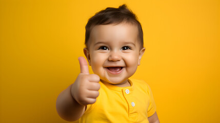 A cute toddler giving a thumbs up on yellow background