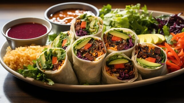 rice wraps with colorful veggies and assorted sauces