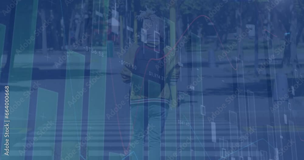 Aufkleber animation of statistical data processing against rear view of albino man crossing the street