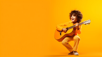 Cheerful boy child playing guitar on orange background, kids music classes concept