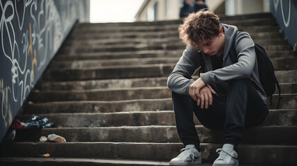 Depressed young teenager boy suffering From depression sitting on stairs - obrazy, fototapety, plakaty