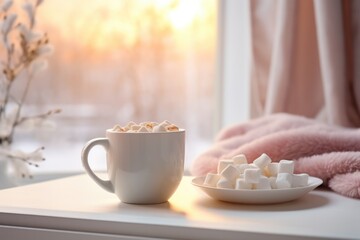 Cup of hot cocoa with marshmallow on a frosty morning in the sunshine