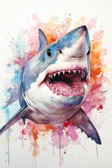 A dynamic watercolor portrayal of a shark with an open mouth, showcased against a backdrop of colorful splatters and drips, conveying both fierceness and artistic elegance.