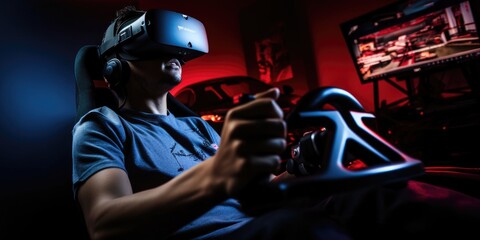 Futuristic simulator seat cockpit, man playing smart video games with VR virtual reality goggles at home, boy driving a 3D motorsport or spaceship for online e-sport, innovation concept generative ai - obrazy, fototapety, plakaty