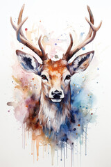 A mesmerizing watercolor portrait of a stag, bathed in a cascade of colorful splashes, highlighting its majestic antlers and focused gaze.