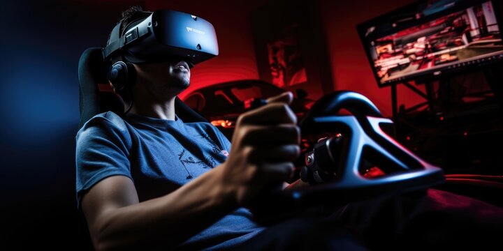 Futuristic simulator seat cockpit, man playing smart video games with VR virtual reality goggles at home, boy driving a 3D motorsport or spaceship for online e-sport, innovation concept generative ai