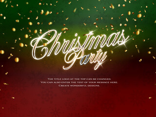 Editable Text Effect 金色の紙とコインが煌めく赤と緑の雪の結晶の背景にメタリックに輝く「Christmas Party」 - 