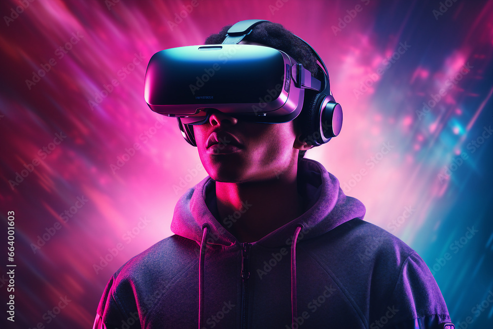 Aufkleber man headset user wearing vr glasses watching surreal colorful fantasy world made with generative ai 