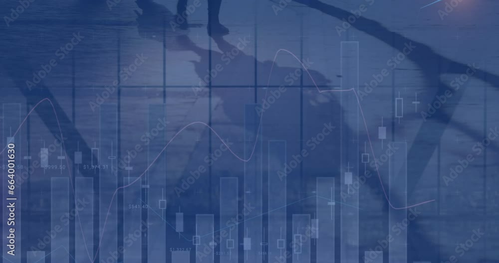 Poster animation of statistical data processing against mid section of people walking at office