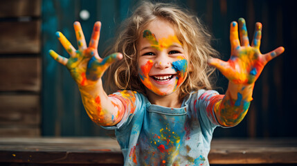 Happy girl laughs and shows hands with colorful paint - obrazy, fototapety, plakaty