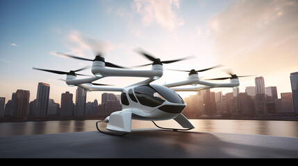 An ultra-modern EVTOL Aircraft with the capability of vertical takeoff and landing. - obrazy, fototapety, plakaty