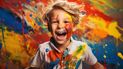 Happy laughing boy child smeared in colorful paint