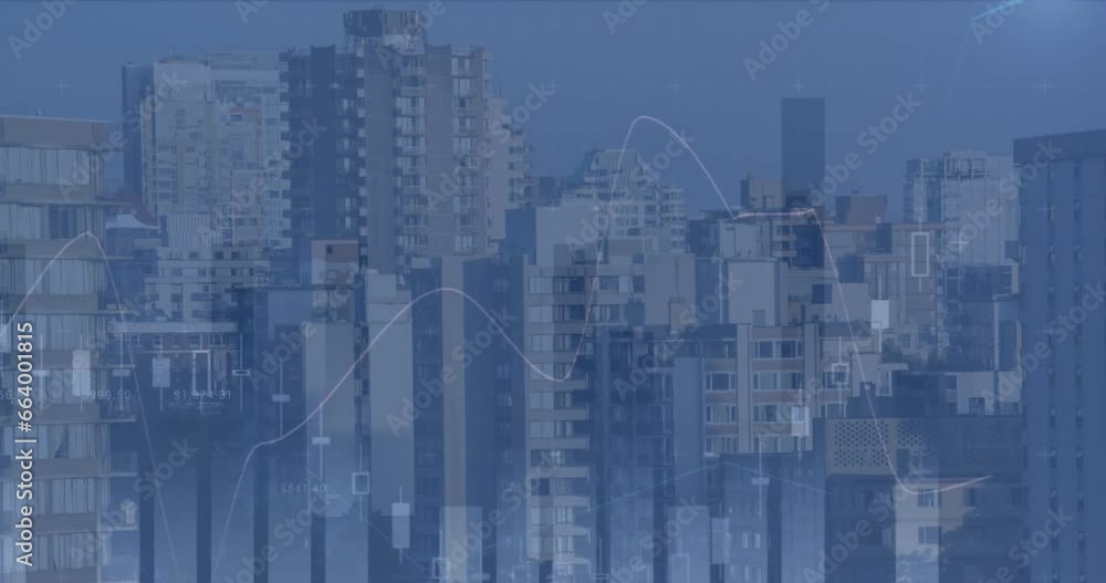 Aufkleber animation of statistical data processing against aerial view of tall buildings in the city