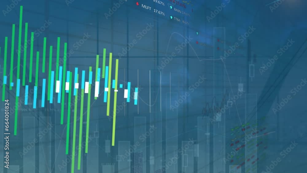 Poster animation of statistical and stock market data processing against office window