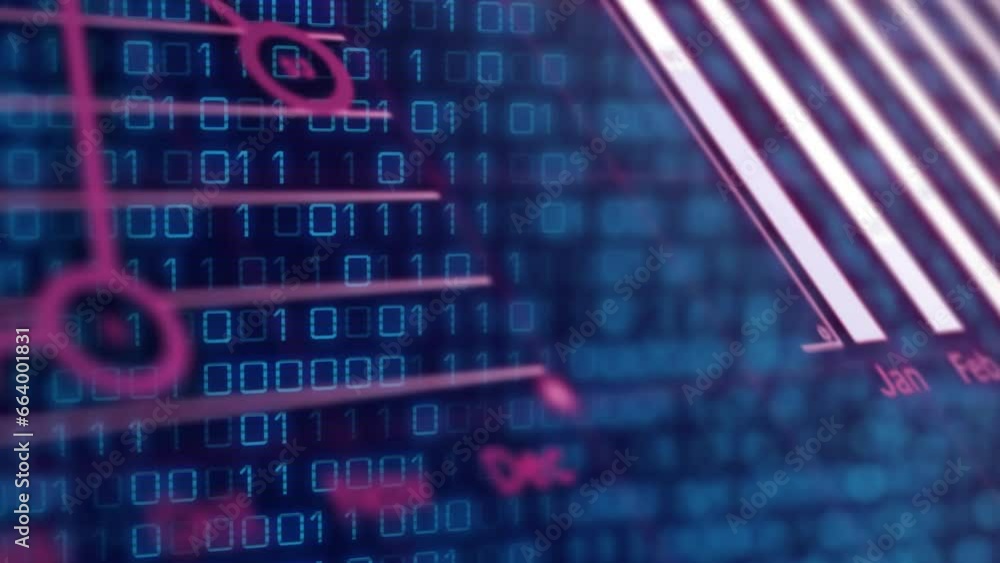 Poster animation of statistical data processing and binary coding against blue background