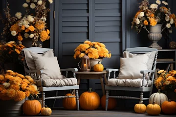 Foto auf Acrylglas Generative AI portrait of symbolic pumpkins decorations for happy halloween holiday festival © deagreez