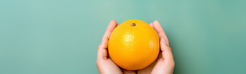 Hand holding and showing a fresh whole orange on blue background.