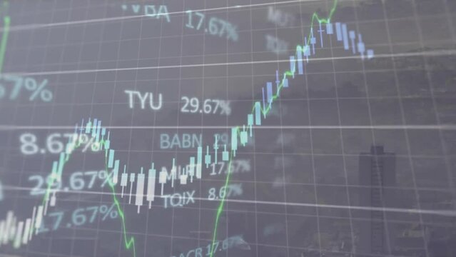 Animation of financial and stock market data processing against aerial view of cityscape