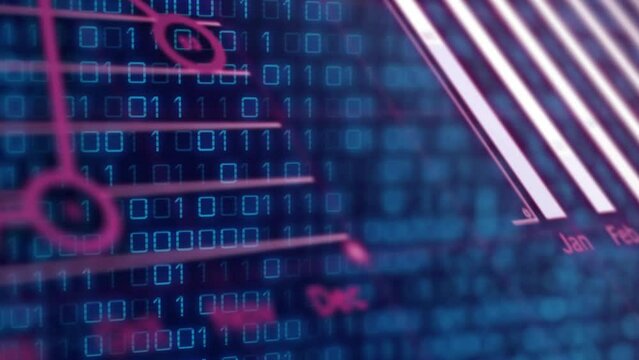Animation of statistical data processing and binary coding against blue background