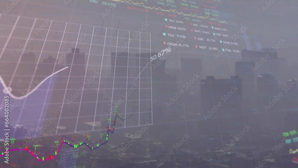 Poster animation of statistical and stock market data processing against aerial view of cityscape