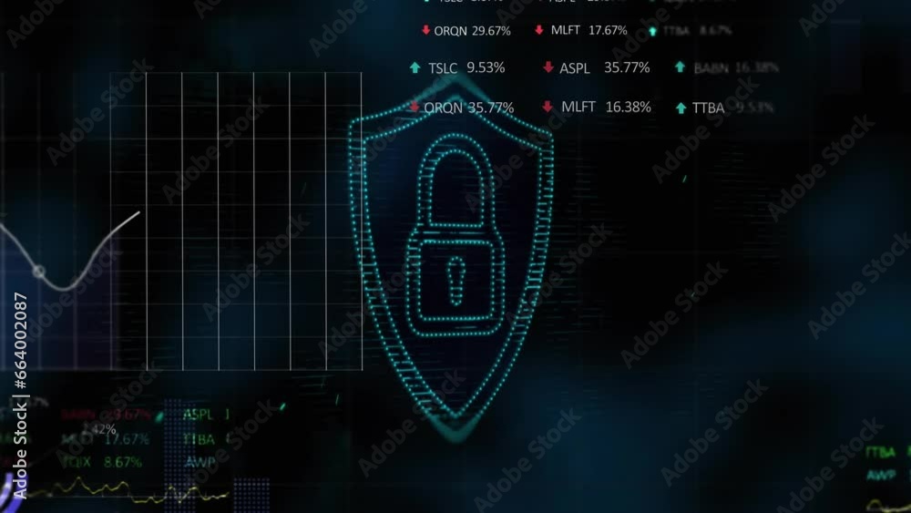 Poster animation of statistical, stock market data processing against light spot and security padlock icon