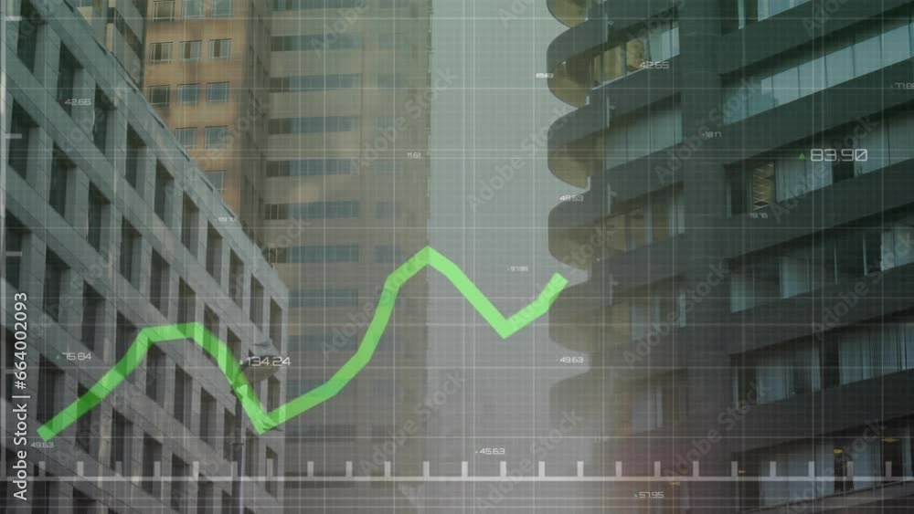 Poster animation of statistical data processing against view of tall buildings