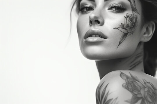 Photography of a young woman covered in tattoos portrait shot made with generative AI
