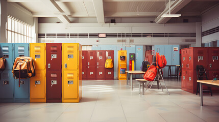 School lockers with equipments, items and accessories for education and schooling - obrazy, fototapety, plakaty