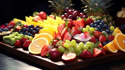 A beautifully arranged fruit platter with a mix of tropical fruits.