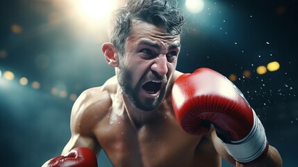 A boxer delivering a knockout in a professional match. - obrazy, fototapety, plakaty