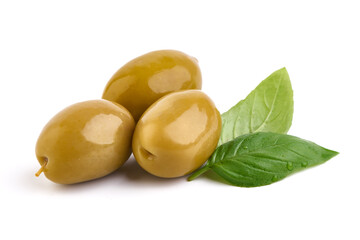Green olives, isolated on a white background.