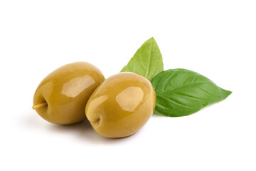 Green olives, isolated on a white background.