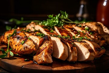 Close-up of sliced grilled chicken breast. Generative AI