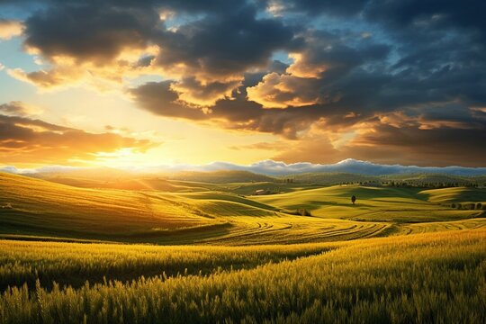 A beautiful view of a field with sunlight. Generative AI
