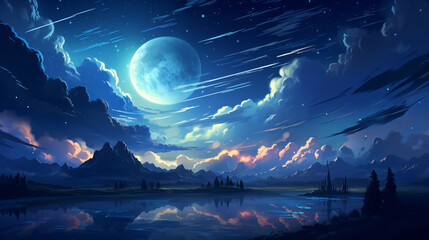 A nocturnal scenery with a celestial orb, billowy clouds and glittering constellations.