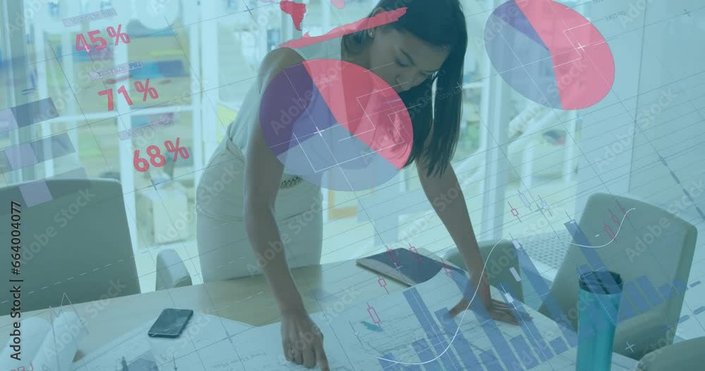 Poster animation of statistical data processing over biracial woman using tablet working on plan at office