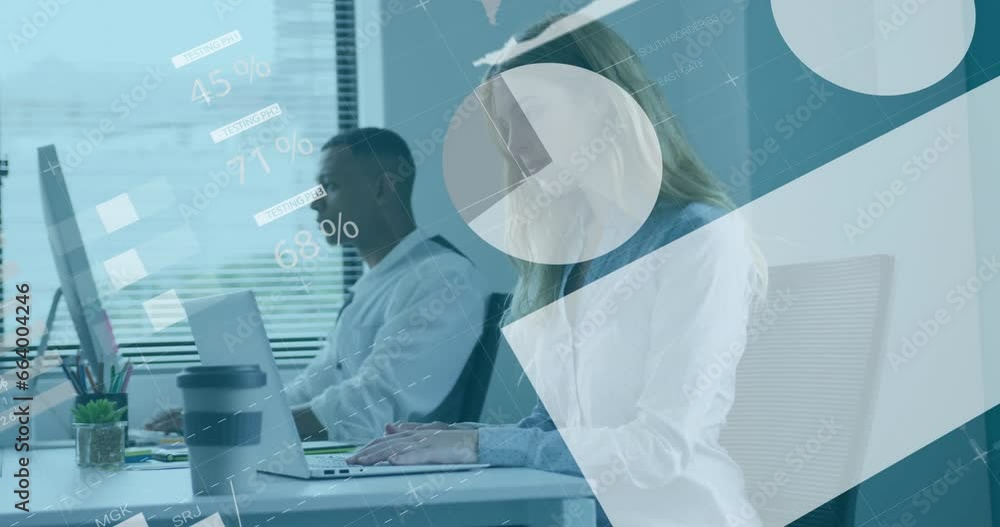 Poster animation of statistical data processing against caucasian woman using laptop at office