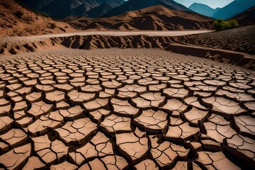 Dry and cracked clay soil in the mountains - obrazy, fototapety, plakaty